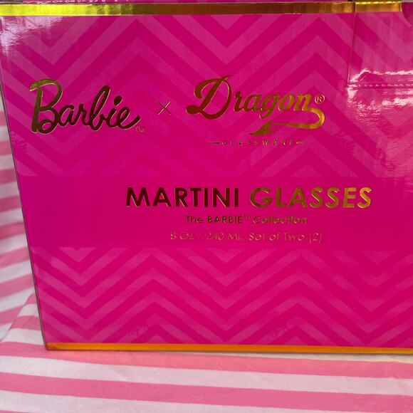 NIB Barbie x Dragon Glass pink martini glasses new in box never used HOLIDAY GIF - Picture 2 of 6
